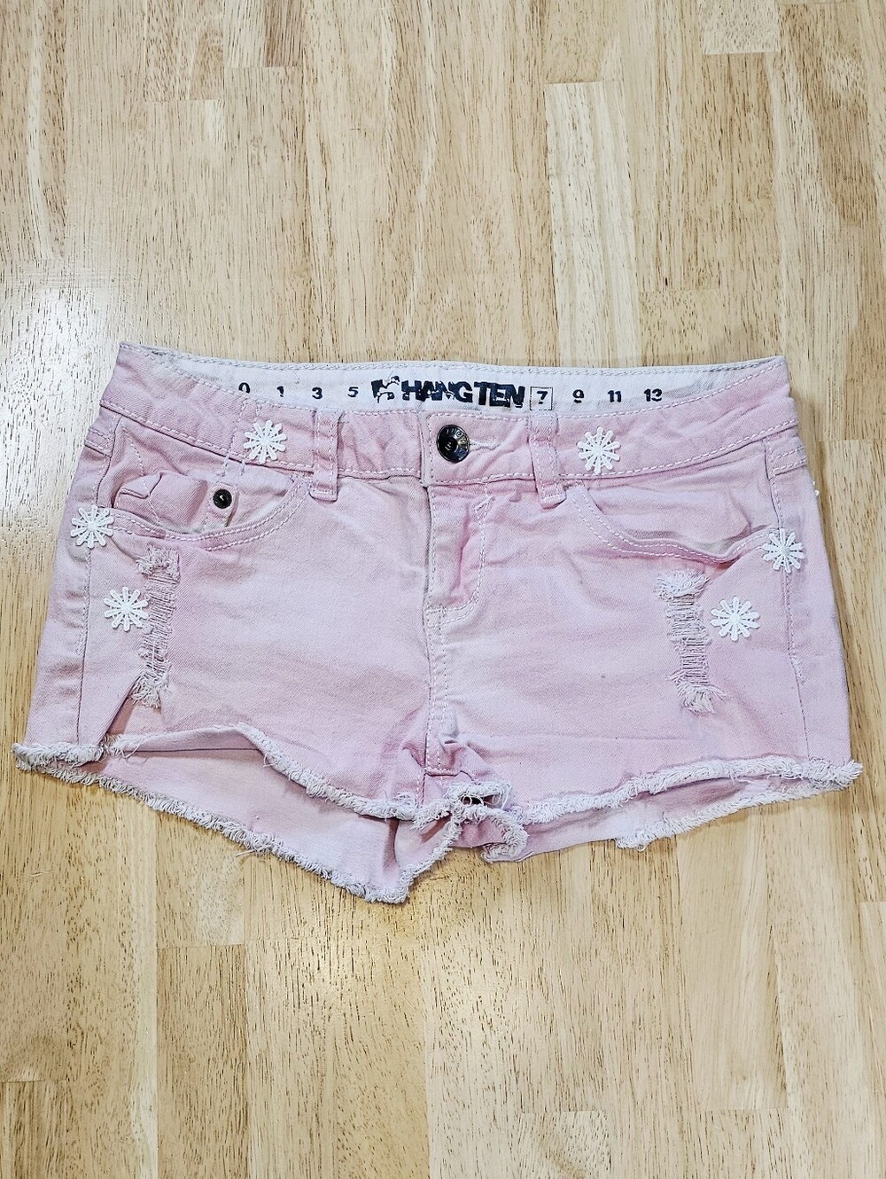 Hang Ten Light Pink Denim Shorts with White Floral Appliqués
